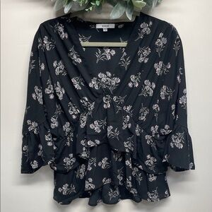 NWOT RO & DE Boho Floral Chiffon Ruffled V-Neck Blouse 3/4 Sleeve XS